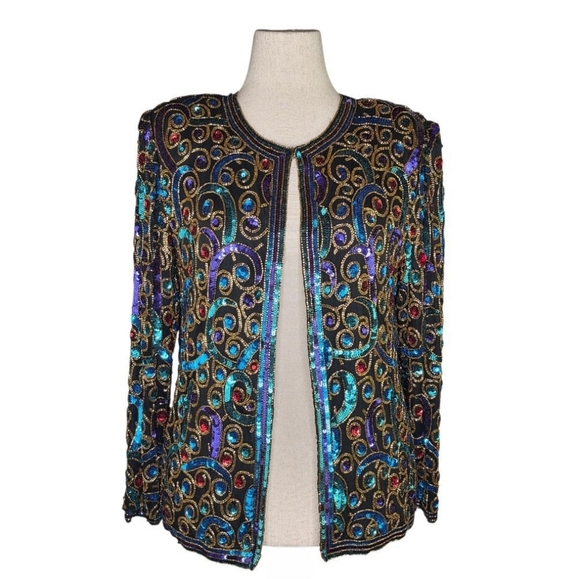 Vintage Laurence Kazar Silk Sequin Beaded Jacket Black Multicolor Size L - Picture 2 of 10